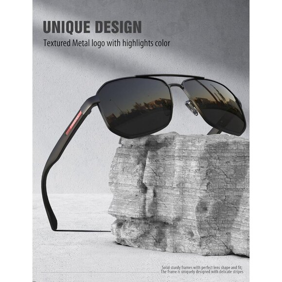 LUENX Mens Aviator Sunglasses Polarized Square 61mm UV400 Driving Outdoor Black - Picture 5 of 6